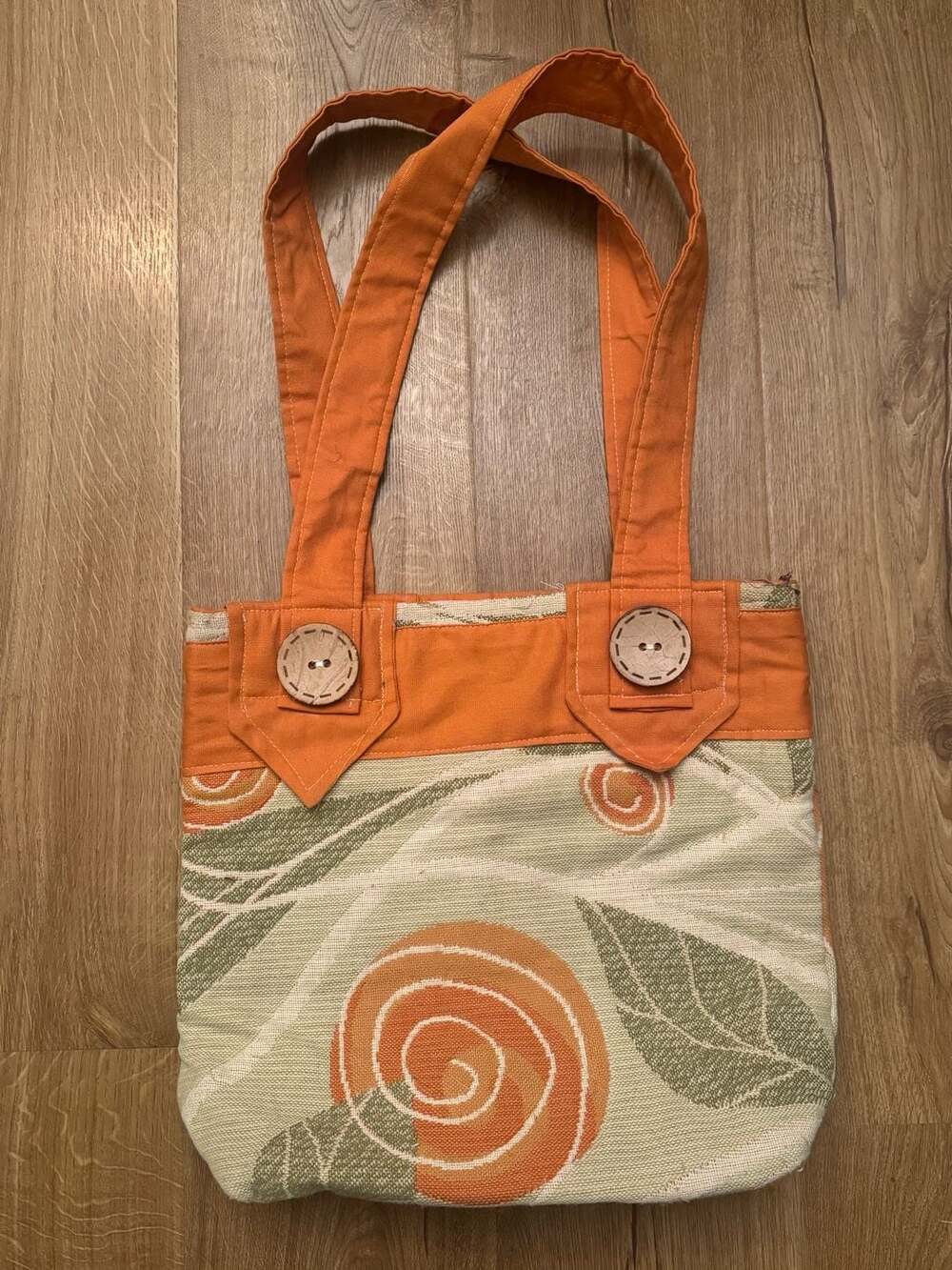 Artisan Handcrafted Fabric Tote Bag with Spiral Pattern and Wooden Buttons